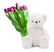 Букет тюльпанов+ мягкая игрушка белый мишка